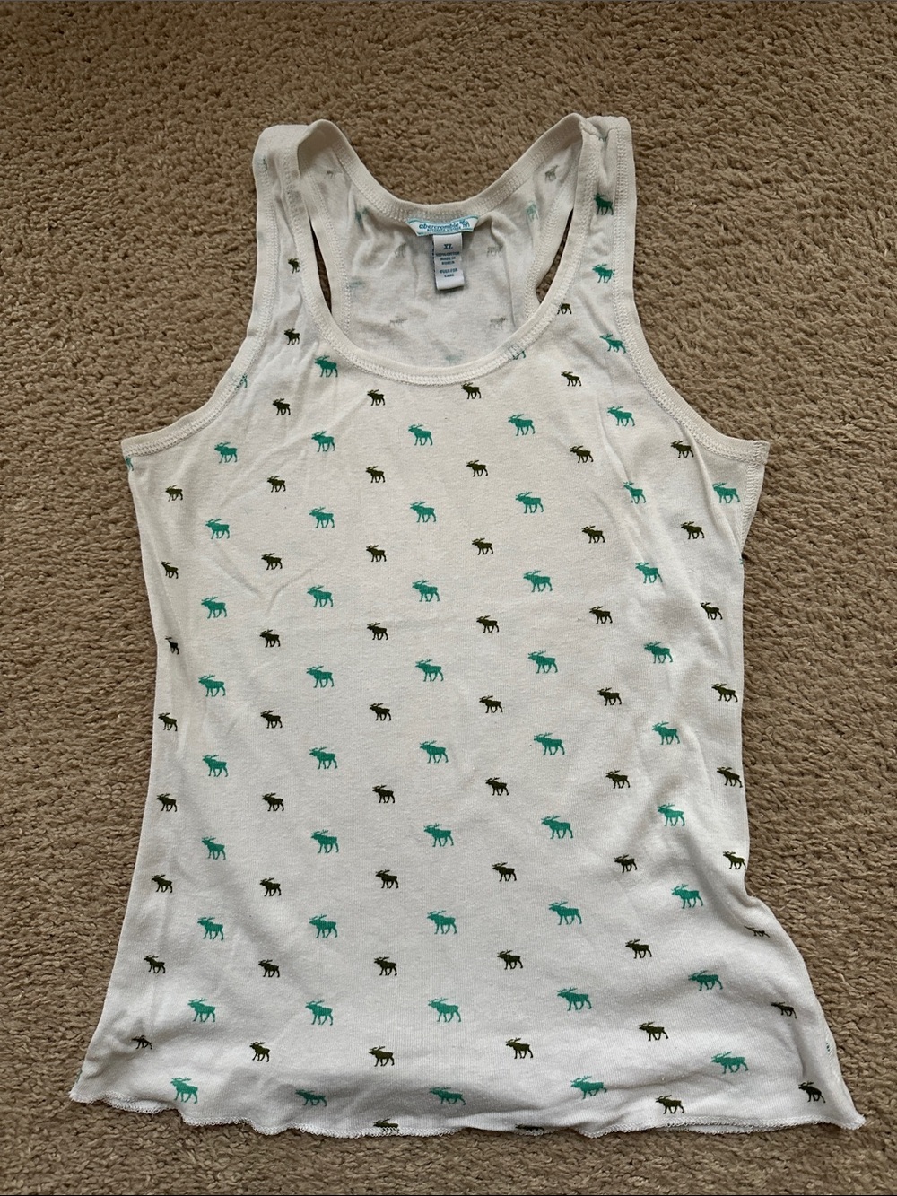 Vintage Abercrombie White Racerback Tank Top with Green & Olive Moose Motif